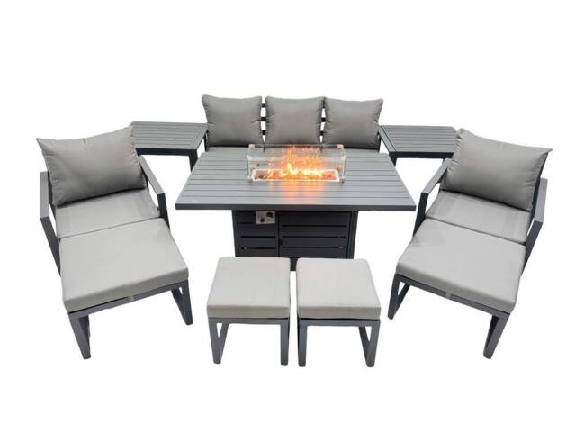 Fimous 9 Seat Aluminium Gas Fire Pit Table Sets with 4 Stools 2 Side Tables in Dark Grey - image 1