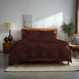 Snug City Plain Dyed Easy Care Polycotton Duvet Cover & Pillowcase/s Set Bed Linen in Chocolate - Size: Super King - thumbnail 1