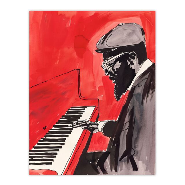 "Artery8 Thelonious Monk Jazz Piano Music Red Portrait Wall Art Print - Size: W12"" x H16""" - image 1