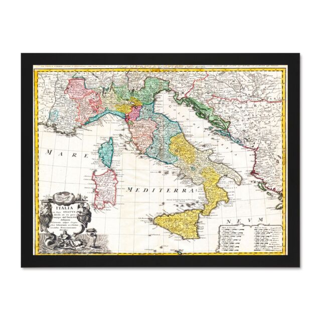 "Artery8 Wall Art Print Map Antique Homann Heirs Italy Mediterranean Sea Art Large Framed Wall Décor Art in Light Oak - Size: W18"" x H24""" - image 1