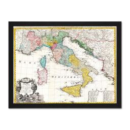 "Artery8 Wall Art Print Map Antique Homann Heirs Italy Mediterranean Sea Art Large Framed Wall Décor Art in Light Oak - Size: W18"" x H24""" - thumbnail 1