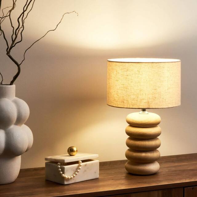 Wyld and Coco Mango Wood Living Table Lamp 41 cm Beige Cotton Linen Shade in Brown - image 1
