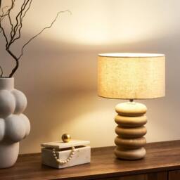Wyld and Coco Mango Wood Living Table Lamp 41 cm Beige Cotton Linen Shade in Brown - thumbnail 1
