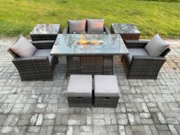 Fimous Outdoor Garden Dining Sets 6 Seater Rattan Patio Furniture Sofa Set with Gas Firepit Table 2 Small Footstools in Dark Grey - thumbnail 1