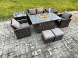 Fimous Outdoor Garden Dining Sets 6 Seater Rattan Patio Furniture Sofa Set with Gas Firepit Table 2 Small Footstools in Dark Grey - thumbnail 2