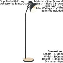 Loops Standing Floor Lamp Light Cruved Black Base / Shade & Wood 1 x 28W E27 Bulb - thumbnail 2