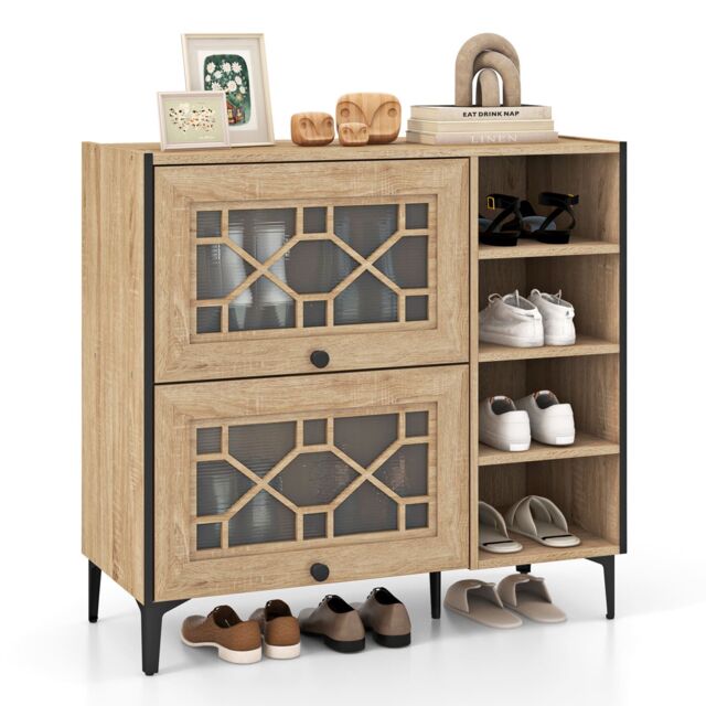 Costway Shoe Storage Cabinet Freestanding Shoe Organizer w/ Flip Doors-Oak in Light Oak - image 1