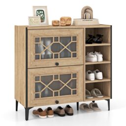 Costway Shoe Storage Cabinet Freestanding Shoe Organizer w/ Flip Doors-Oak in Light Oak