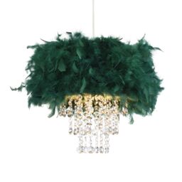 Happy Homewares Feather Pendant Light Shade with Transparent Acrylic Droplets in Dark Green - thumbnail 1