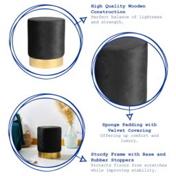 Harbour Housewares Velvet Round Pouffe Footrest Ottoman Stool - 29 x 36cm in Black - Size: 29 x 36 cm - thumbnail 3