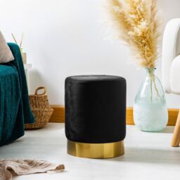 Harbour Housewares Velvet Round Pouffe Footrest Ottoman Stool - 29 x 36cm in Black - Size: 29 x 36 cm - thumbnail 2
