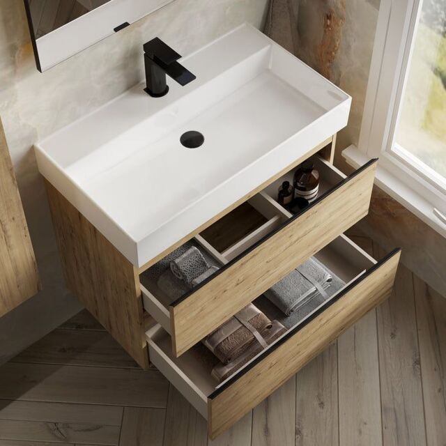 Banyetti Vatilla 800mm Wall Hung Vanity Unit with Veneto 1 Tap Hole Basin - Ostippo Oak in Light Oak - image 1
