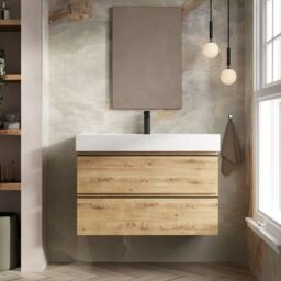 Banyetti Vatilla 800mm Wall Hung Vanity Unit with Veneto 1 Tap Hole Basin - Ostippo Oak in Light Oak - thumbnail 2