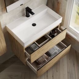 Banyetti Vatilla 800mm Wall Hung Vanity Unit with Veneto 1 Tap Hole Basin - Ostippo Oak in Light Oak - thumbnail 1