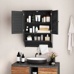 Costway Wall-mounted Bathroom Cabinet Double Door Storage Medicine Cabinet W/ Towel Bar in Black - thumbnail 2