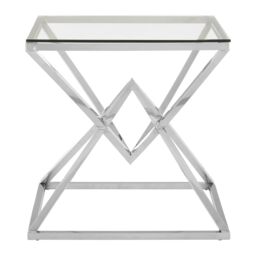 Orsina Square Silver Finish End Table, Stainless Steel Frame with Glass Top, Geometric Modern Accent Table