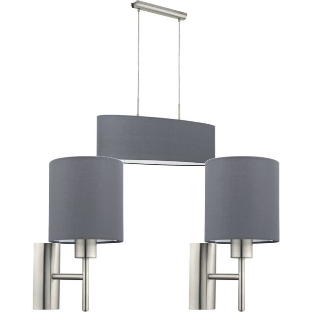 Loops Ceiling Pendant Light & 2x Matching Wall Lights Satin Nickel Grey Fabric Linear in Metallics - image 1