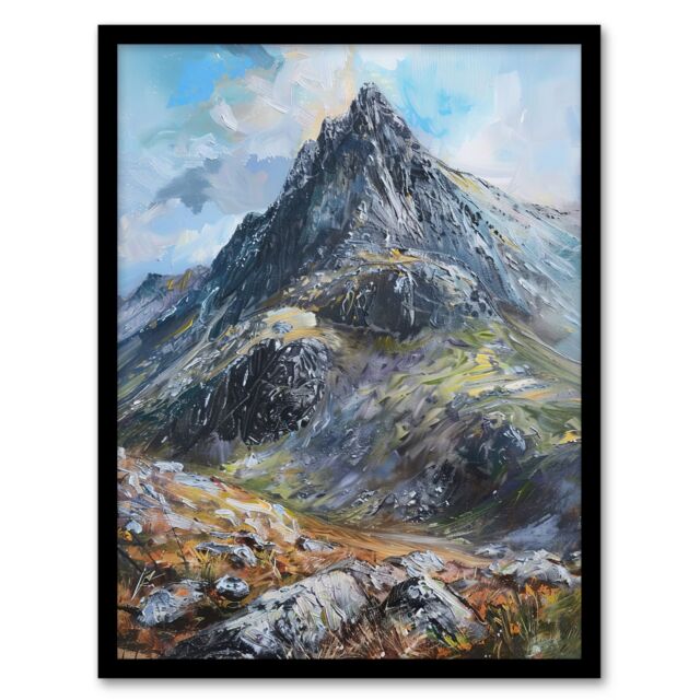 "Artery8 Tryfan Mountain Peak Snowdonia Wales Oil Painting Framed Art Print in Blue - Size: W12"" x H16""" - image 1