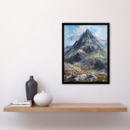 "Artery8 Tryfan Mountain Peak Snowdonia Wales Oil Painting Framed Art Print in Blue - Size: W12"" x H16""" - thumbnail 4