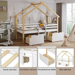 BTM 3ft Wooden Children's Bed 90×190 cm, Safety Rail, 2 Storage Drawers in Natural - thumbnail 5