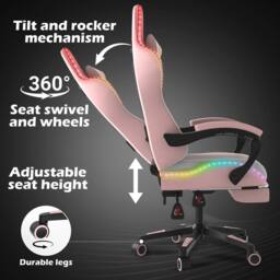 Alivio Wireless RGB LED Gaming Chair with App Control, Massage Lumbar Cushion & Adjustable Recline in Pink - thumbnail 5
