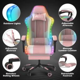 Alivio Wireless RGB LED Gaming Chair with App Control, Massage Lumbar Cushion & Adjustable Recline in Pink - thumbnail 6