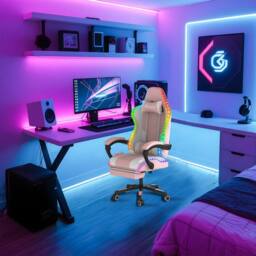 Alivio Wireless RGB LED Gaming Chair with App Control, Massage Lumbar Cushion & Adjustable Recline in Pink - thumbnail 8