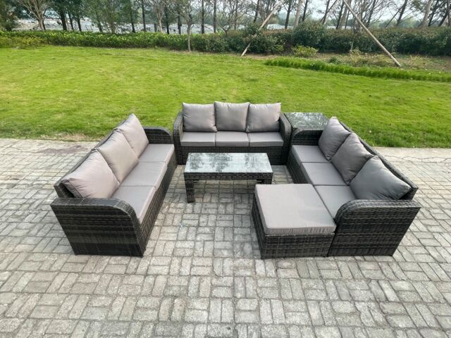 Fimous Outdoor Lounge Sofa Set 10 Seater Rattan Garden Furniture Set with Rectangular Coffee Table Side Table Big Footstool 3 Seater Sofa in Dark Grey - image 1