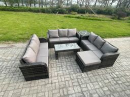 Fimous Outdoor Lounge Sofa Set 10 Seater Rattan Garden Furniture Set with Rectangular Coffee Table Side Table Big Footstool 3 Seater Sofa in Dark Grey - thumbnail 2