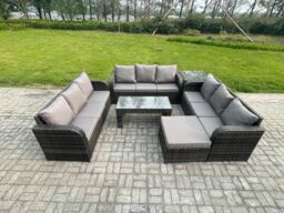 Fimous Outdoor Lounge Sofa Set 10 Seater Rattan Garden Furniture Set with Rectangular Coffee Table Side Table Big Footstool 3 Seater Sofa in Dark Grey - thumbnail 1