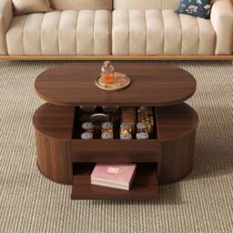 Merax Oval 110cm Lift Top Coffee Table with Extendable Bottom Shelf in Walnut - thumbnail 3