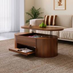 Merax Oval 110cm Lift Top Coffee Table with Extendable Bottom Shelf in Walnut - thumbnail 1