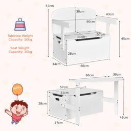 Costway 3-in-1 Kids Table & Chair Set Children Activity Bench Wooden Toy Storage Box in White - thumbnail 2