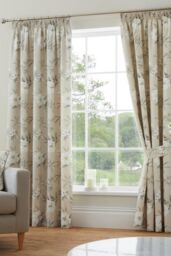 Dreams & Drapes 'Eve' 100% Cotton Floral Pair of Pencil Pleat Curtains With Tie-Backs in Natural - Size: 168 cm width x 183 cm drop