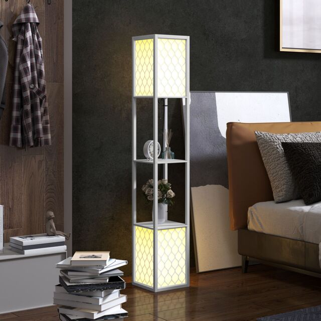 HOMCOM 2-Light Modern Floor Lamp with Shelves for Living Room, Bedroom in White - image 1