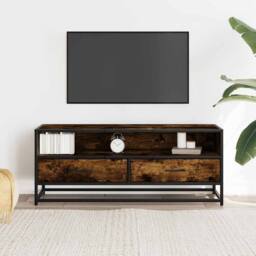Berkfield Home TV Cabinet Smoked Oak 100x34.5x40 cm Engineered Wood & Metal in Brown - thumbnail 1