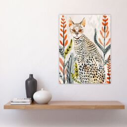 "Artery8 Savannah Cat Lover Boho Botanical Pet Portrait Wall Art Print in Light Grey - Size: W12"" x H16""" - thumbnail 4