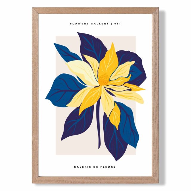 ARTZE Abstract Blue & Yellow Lilly Flower Market Gallery Framed Print SIZE: A2 with Oak Frame - Size: A4 - image 1