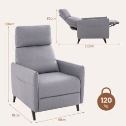 Costway Push Back Recliner Chair Linen Fabric Reclining Armchair Single Sofa in Grey - thumbnail 6