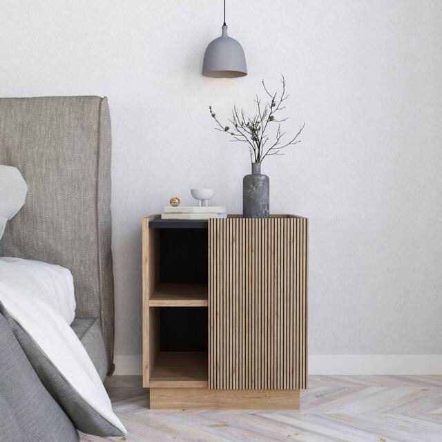 BIMOSSA Gaia Nightstand - Modern Nightstand with Storage, 47cm Chic Bedside Table with Striped Cabinet Door & Shelves in Light Brown - image 1