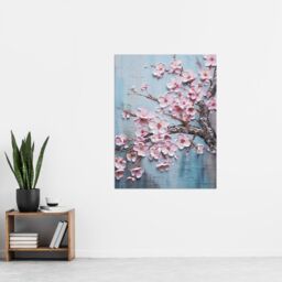 "Artery8 Cherry Blossom Splendor Delicate Elegant Pink & Soft Blue Oil Painting Extra Large XL Unframed Wall Art Poster Print - Size: W24"" x H32""" - thumbnail 4