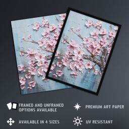"Artery8 Cherry Blossom Splendor Delicate Elegant Pink & Soft Blue Oil Painting Extra Large XL Unframed Wall Art Poster Print - Size: W24"" x H32""" - thumbnail 2
