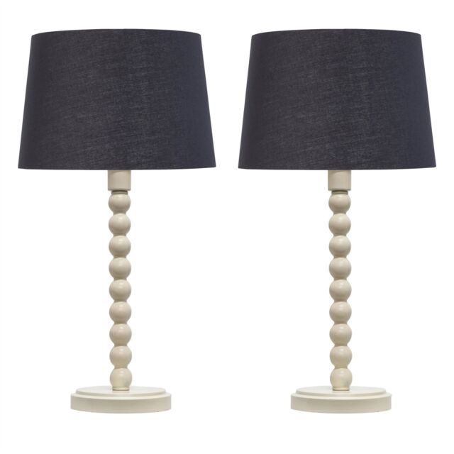 First Choice Lighting Set of 2 Bobbin - Ivory Lamps with Black & Gold Shades in White - image 1