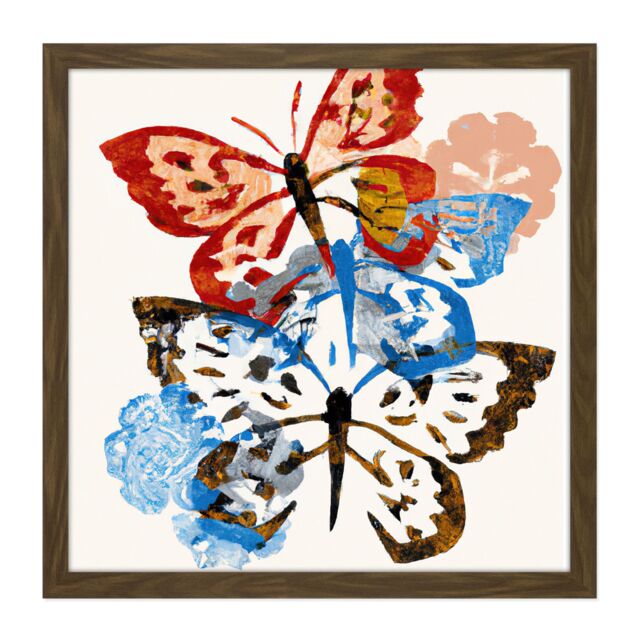 "Artery8 Wall Art Print Butterflies Stamp Style Art Blue Red & Brown on White Nature Painting Square Framed Picture 16X16 Inch - Size: W16"" x H16""" - image 1