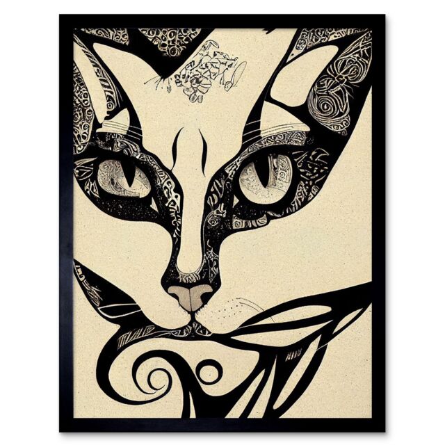 "Artery8 Wall Art Print Abstract Boho Portrait Cat Sketch Cat Tribal Intricate Art Framed in Black - Size: W12"" x H16""" - image 1