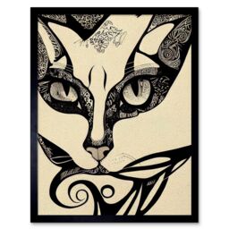"Artery8 Wall Art Print Abstract Boho Portrait Cat Sketch Cat Tribal Intricate Art Framed in Black - Size: W12"" x H16""" - thumbnail 1