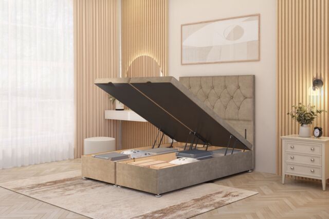 Somnior Ziggy Plush Velvet Ottoman Bed Base with Floor Standing Headboard in Beige - Size: Single - image 1