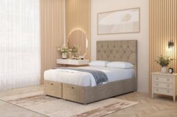 Somnior Ziggy Plush Velvet Ottoman Bed Base with Floor Standing Headboard in Beige - Size: Single - thumbnail 2