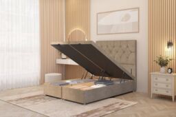 Somnior Ziggy Plush Velvet Ottoman Bed Base with Floor Standing Headboard in Beige - Size: Single - thumbnail 1