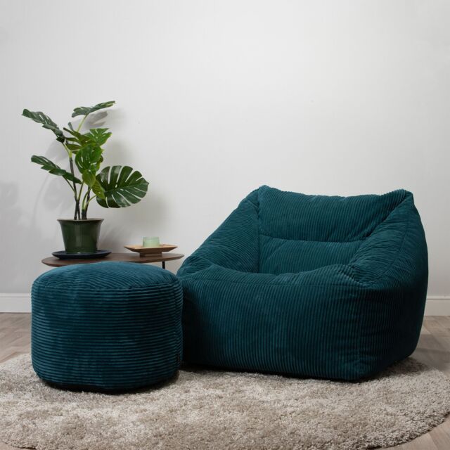 icon Corduroy Bean Bag Armchair & Round Beanbag Footstool in Teal - image 1